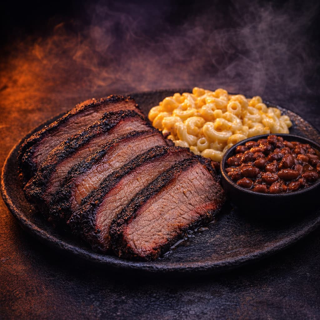 Brisket Plate with mac and cheese and baked beans - The Vibe Catering
