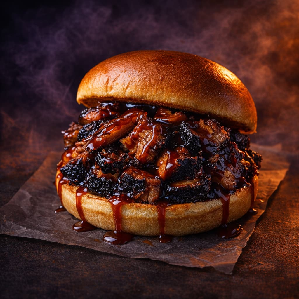 Burnt Ends Sandwich on toasted bun - The Vibe Catering