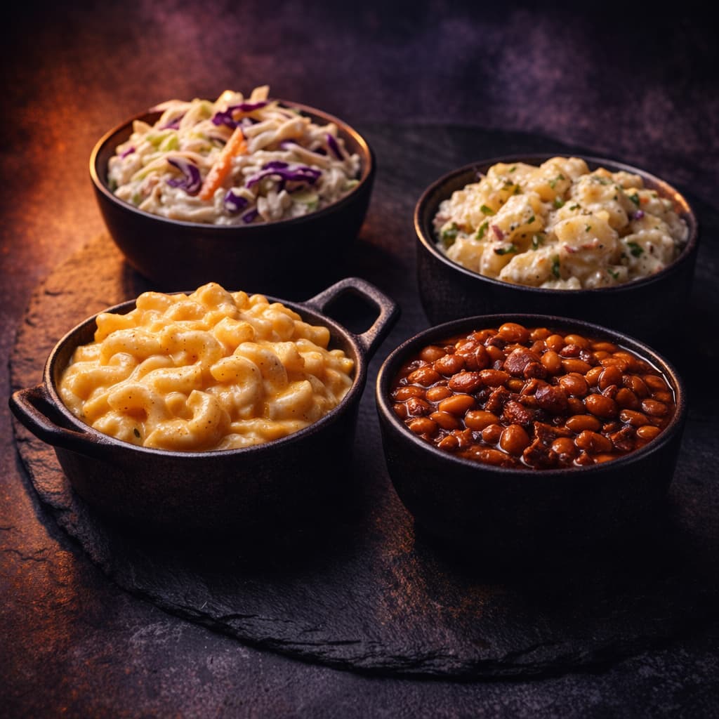 BBQ sides spread with mac and cheese, baked beans, coleslaw, and potato salad - The Vibe Catering