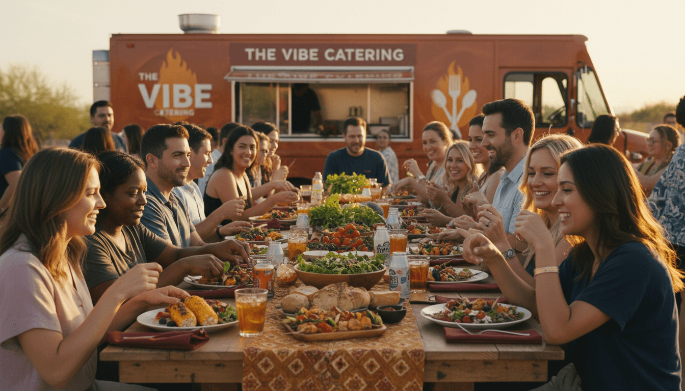 Guests enjoying food and conversation at an outdoor catering event with The Vibe Catering's food truck in the background