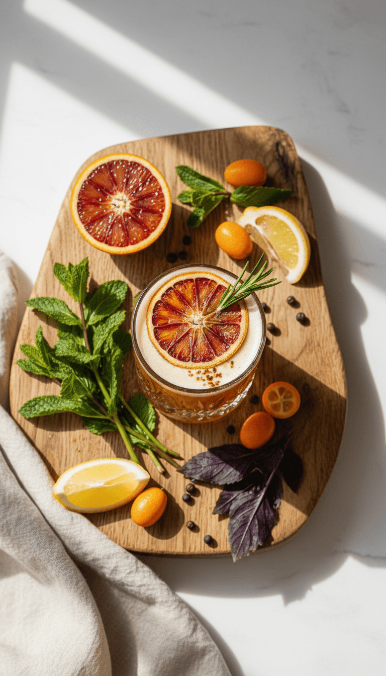 Craft beverage with fresh citrus and herb garnish