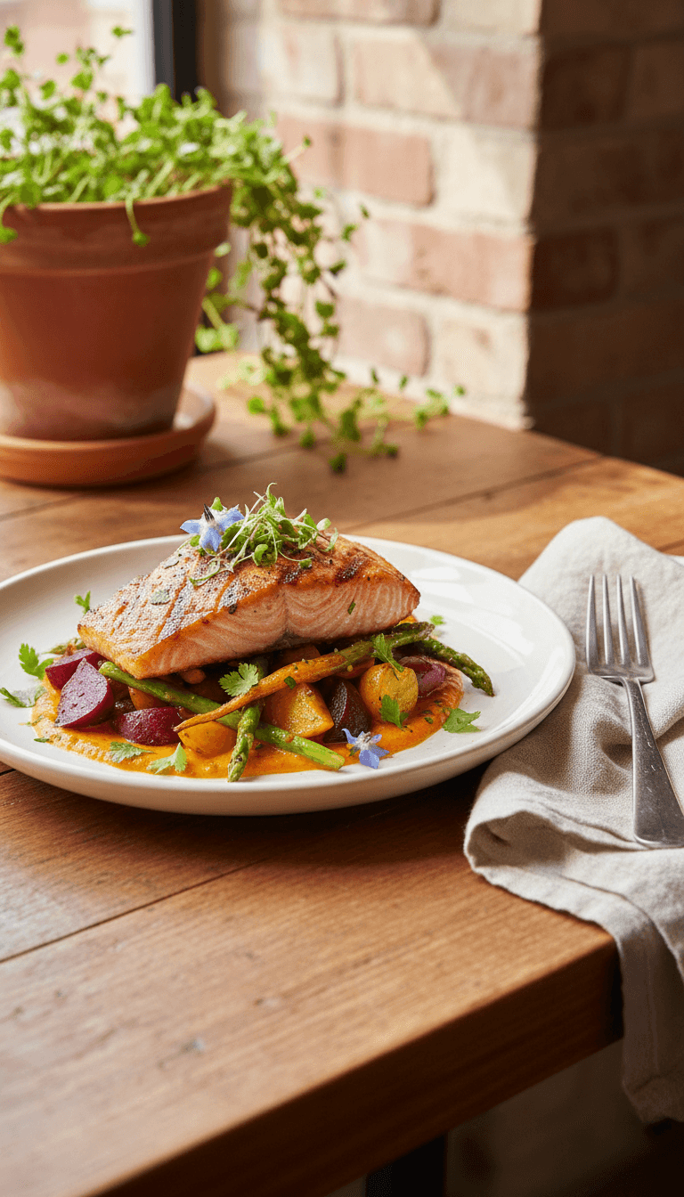 Grilled protein main course with roasted vegetables and sauce