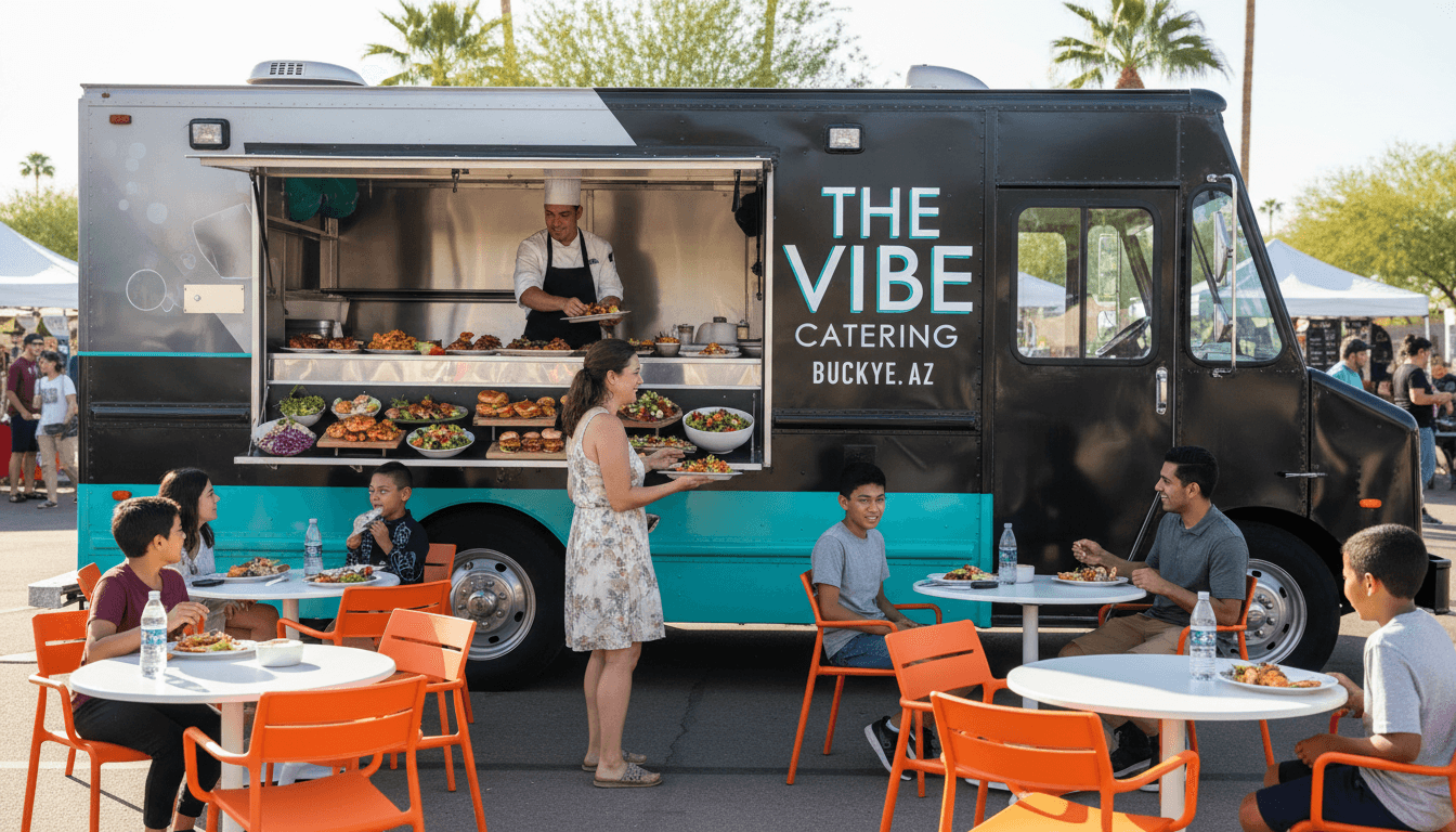 The Vibe Catering's mobile food truck with vibrant gourmet dishes and community setting
