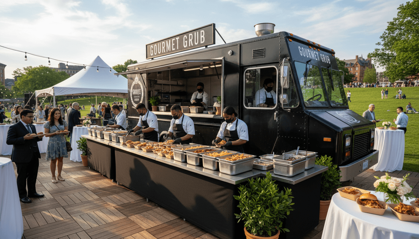 Mobile food truck catering service outdoor event with professional setup and served food