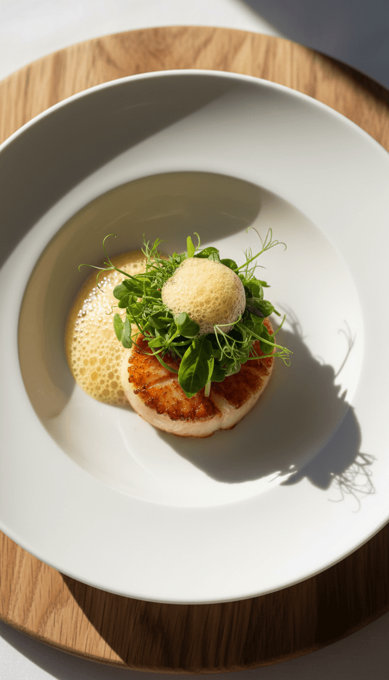 Seared scallop appetizer with microgreens and citrus foam