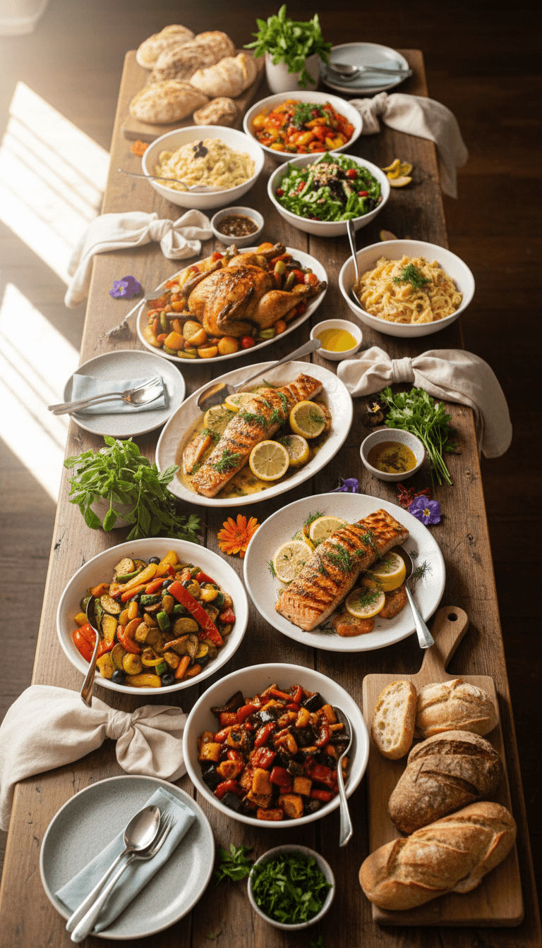 Family-style catering spread with multiple dishes on long table