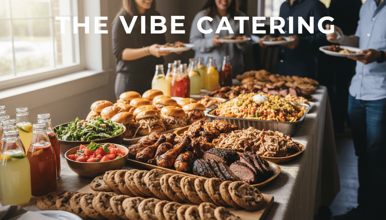Colorful BBQ catering display with meats, sandwiches, nachos, sides, cookies, and drinks.