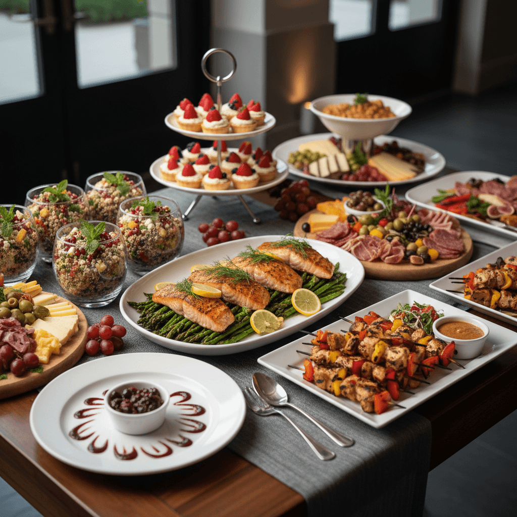 professionally plated catering food on serving table with garnish and presentation