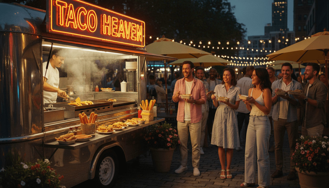 Food truck serving street food to happy customers outdoors.