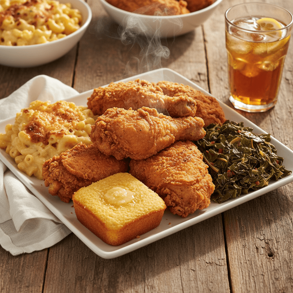 Overhead view of crispy fried chicken with mac and cheese, collard greens, and cornbread on wooden table with iced tea