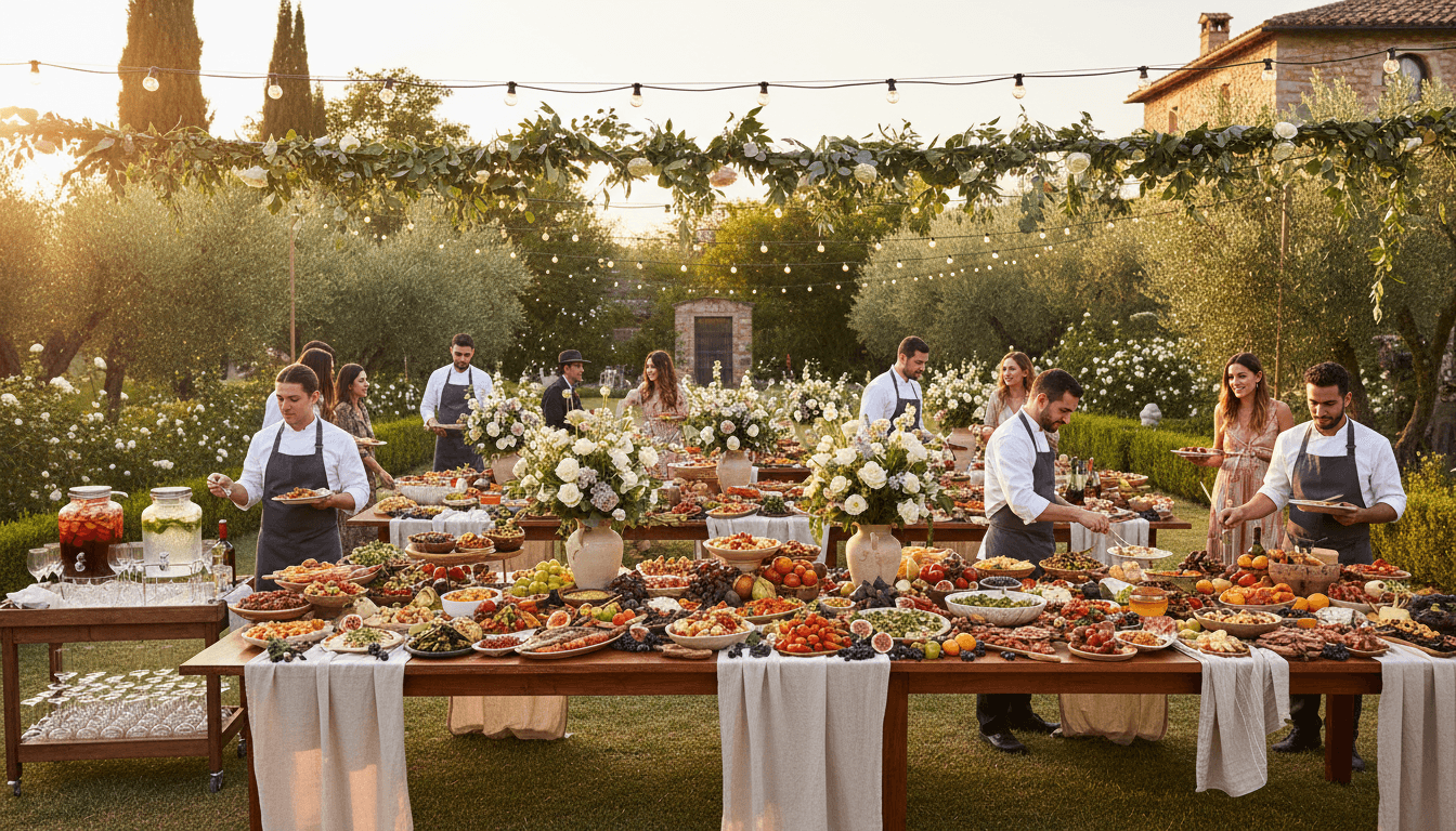 Mobile food truck catering service with professional setup and vibrant food display