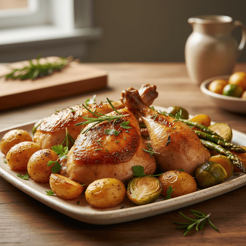 Golden-roasted chicken with herbs and vegetables on ceramic plate, close-up food photography with natural light