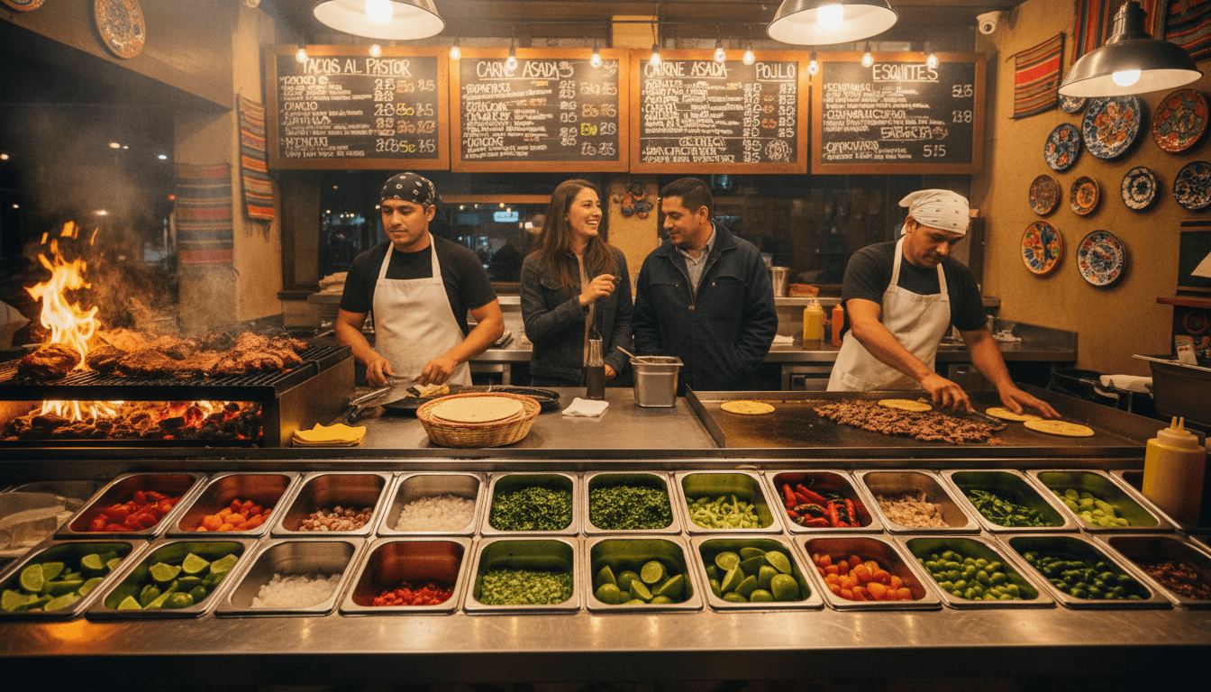 Bustling taqueria counter with cooks grilling meats, organized ingredient stations, and customers ordering during evening service