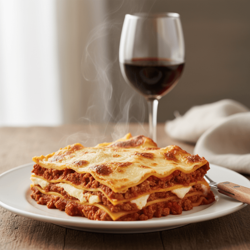 Close-up of steaming lasagna layers with meat sauce and melted cheese on white plate with fork
