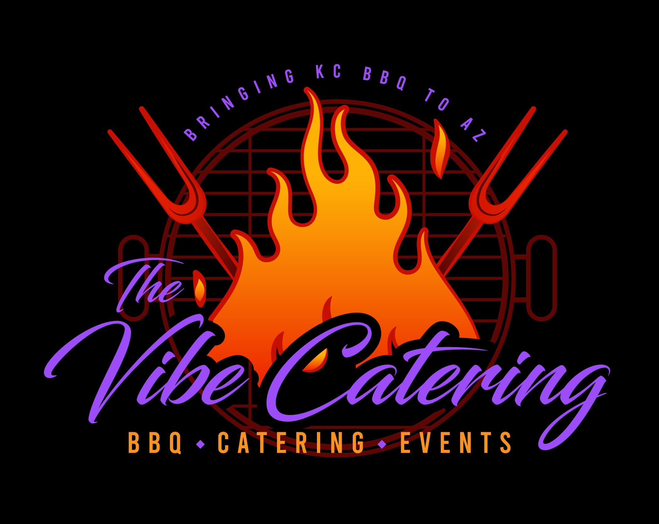The Vibe Catering logo featuring a large orange flame, crossed barbecue forks, and a grill.